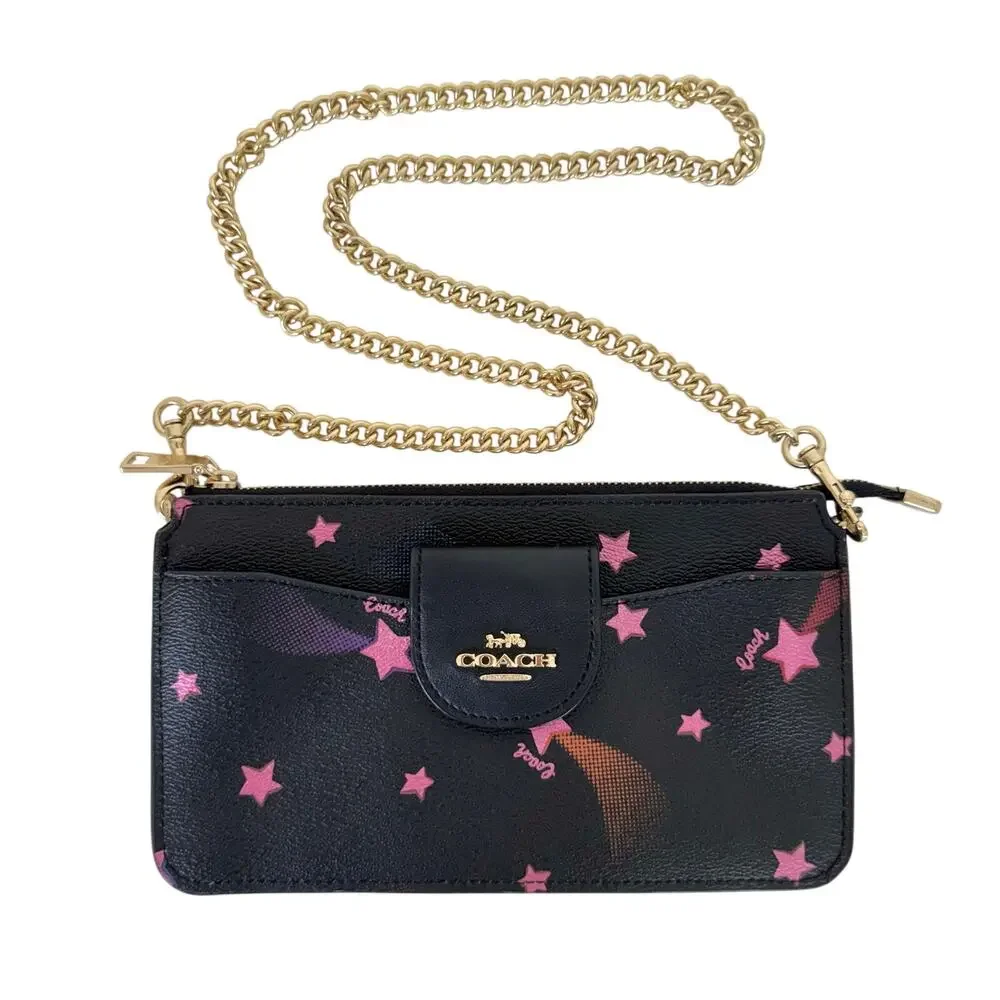 Coach Poppy Slim Shoulder Bag in Black Disco Shooting Star Galaxy Print C7289